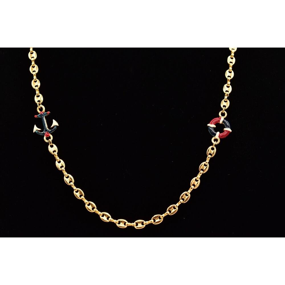 Vintage Mariner Station Chain Necklace Anchor Sail Boat Helm Red Blue Gold BinBC - Picture 4 of 12